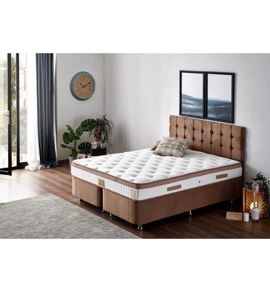 Matelas double, sommier et tête de lit, Light Brown, cadre en acier, tissu Soho