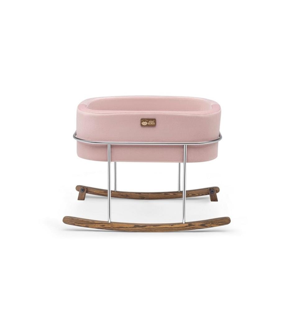 Berceau, chrome rose, cadre en métal, pieds en bois de pin