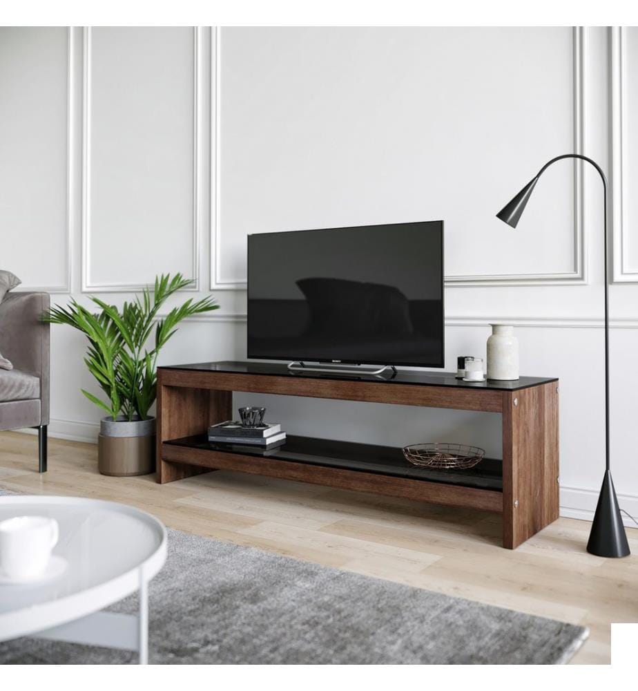 Meuble TV, noyer, pin massif, cadre : verre trempé Verre trempé