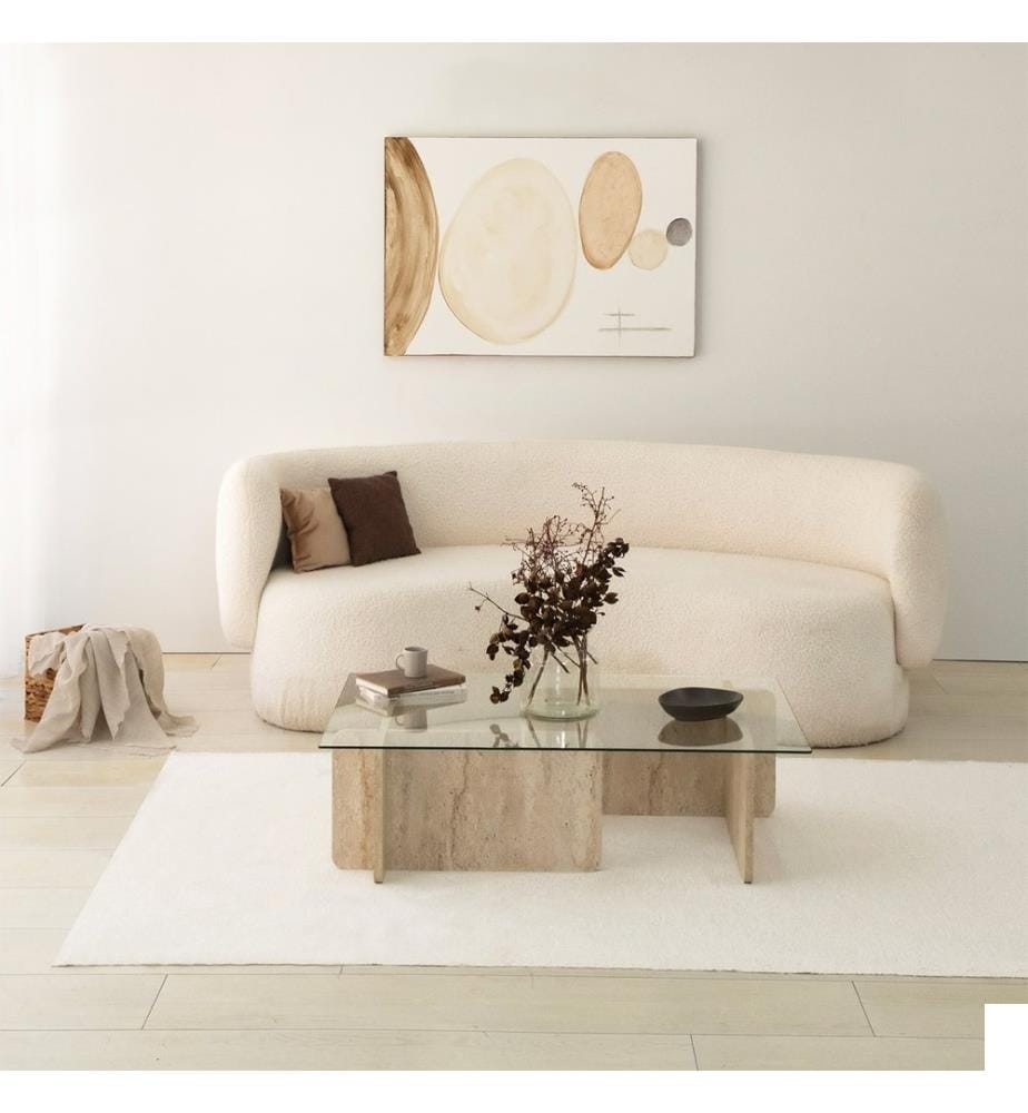 Table basse, travertin, plateau : 100 % VERRE, base : 100 % PANNEAU DE PARTICULES REVÊTU DE MÉLAMINE
