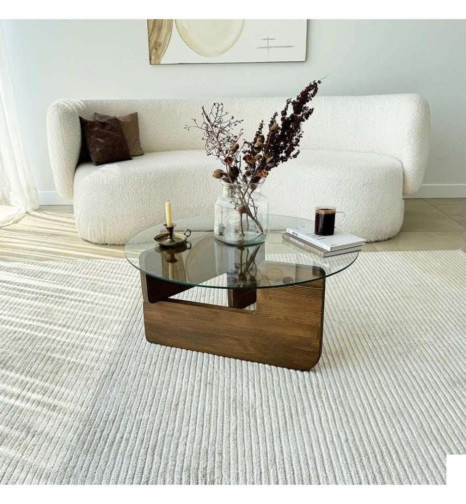 Table basse, noyer, transparent, 100 % VERRE TREMPÉ, structure : 100 % BOIS MASSIF