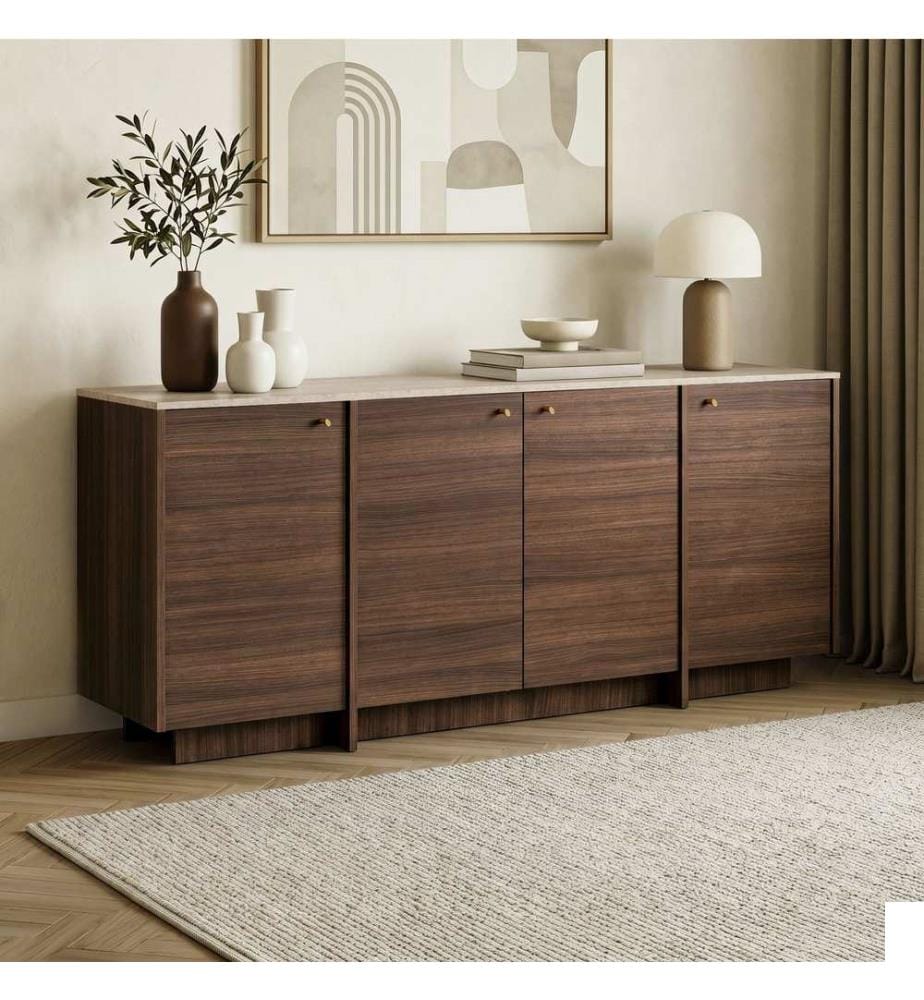 Console, travertin, noyer Milano, panneau de particules 100 % mélaminé