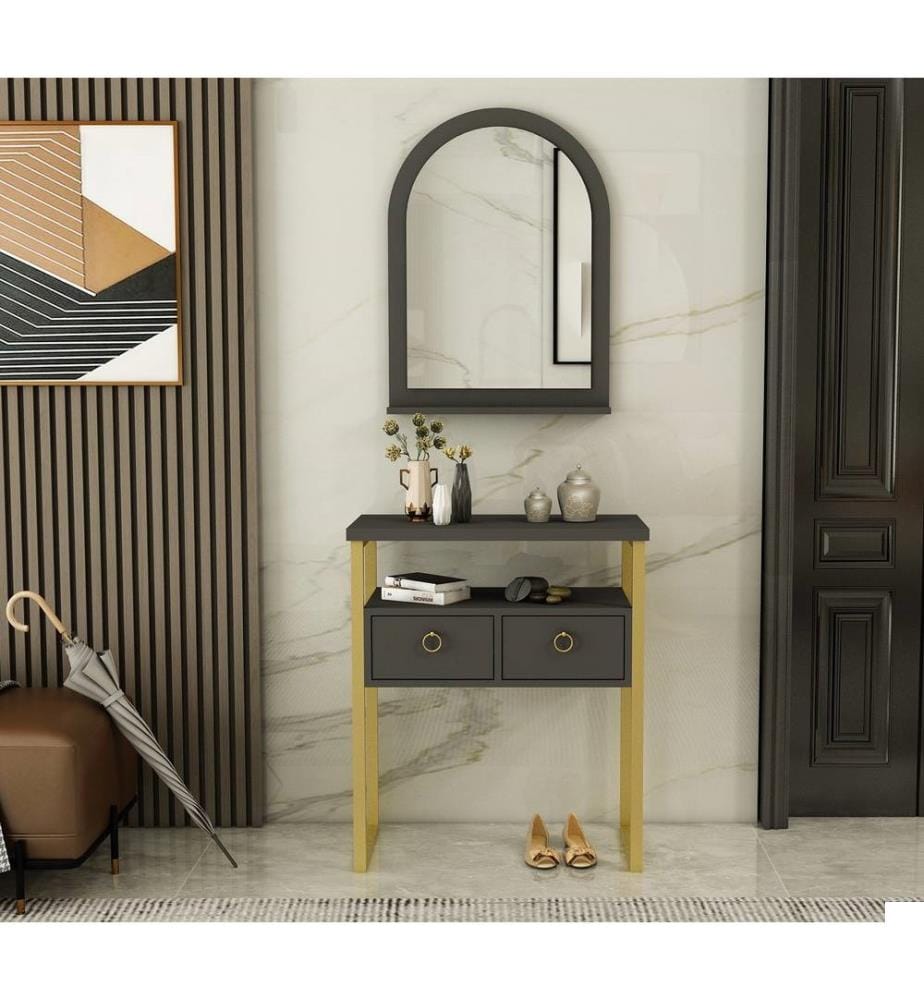 Commode, anthracite, or, panneau de particules 100 % mélaminé, miroir