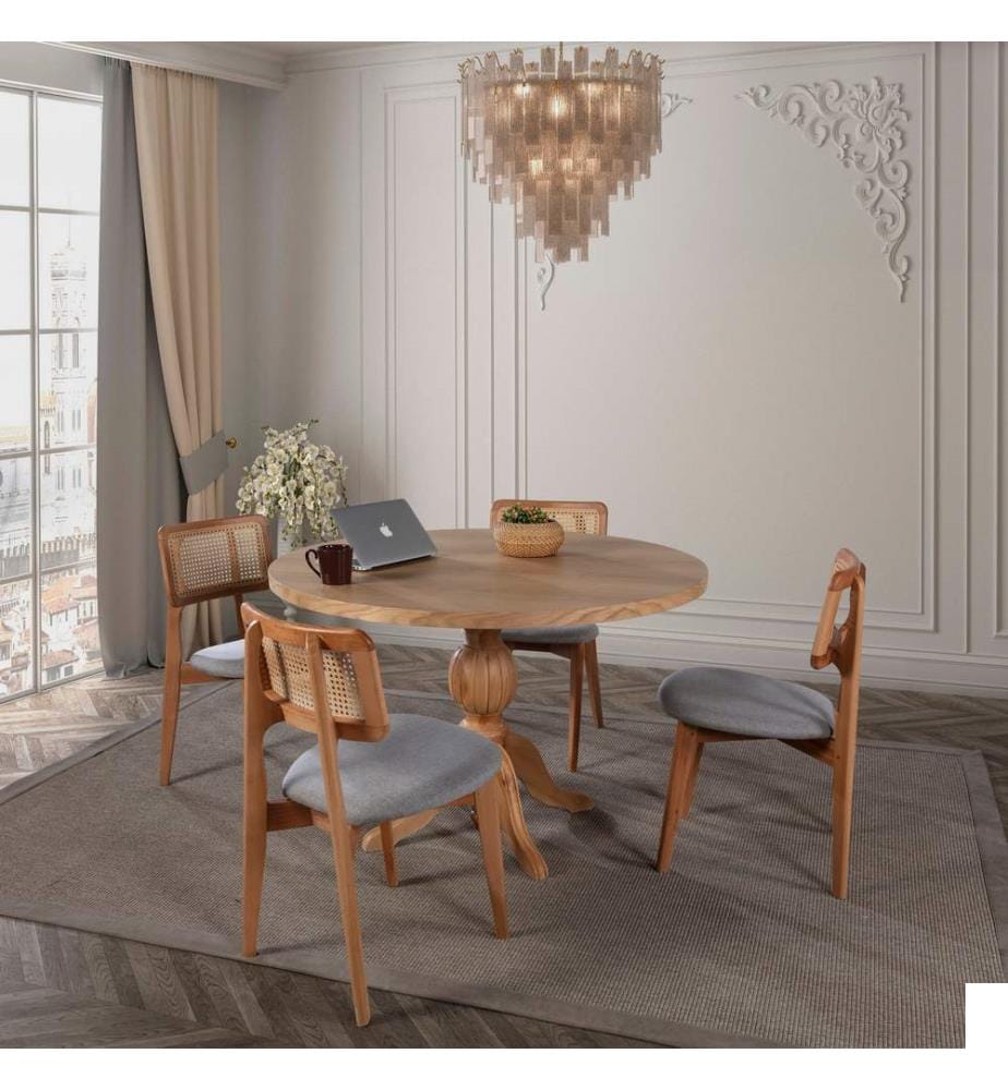Ensemble table et chaises de salle à manger, 5 pièces, bois de hêtre naturel, tissu : lin