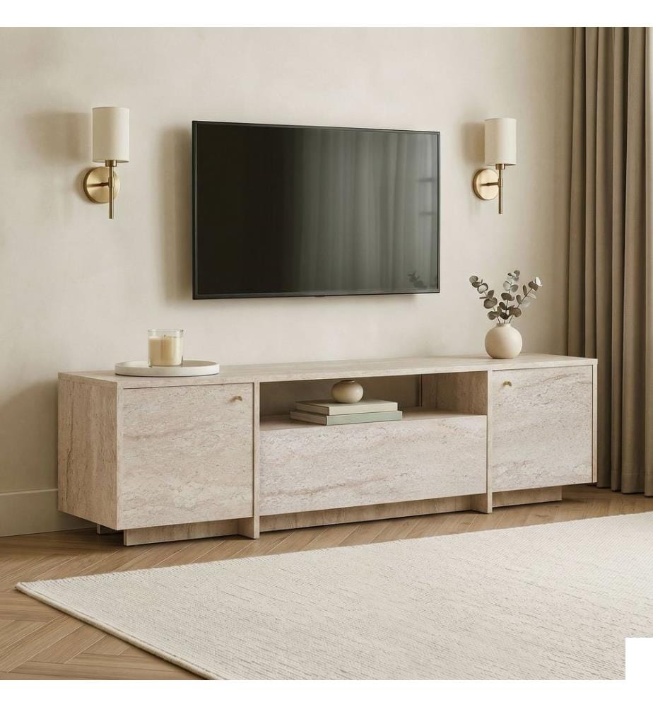 Meuble TV, travertin, panneaux de particules 100 % mélaminés