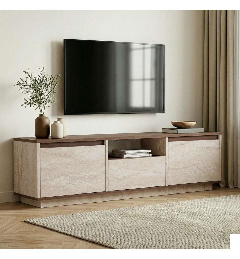 Meuble TV, travertin, noyer Milano, panneaux de particules 100 % mélaminés