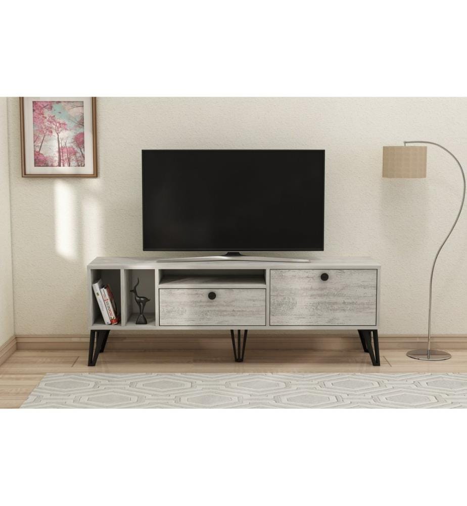 Meuble TV, gris et blanc, panneaux de particules mélaminés