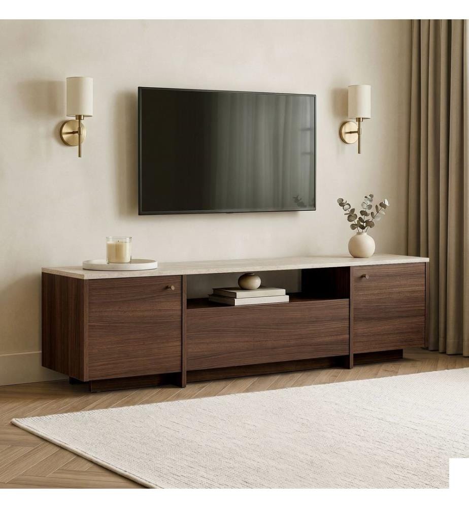 Meuble TV, travertin, noyer Milano, panneaux de particules 100 % mélaminés