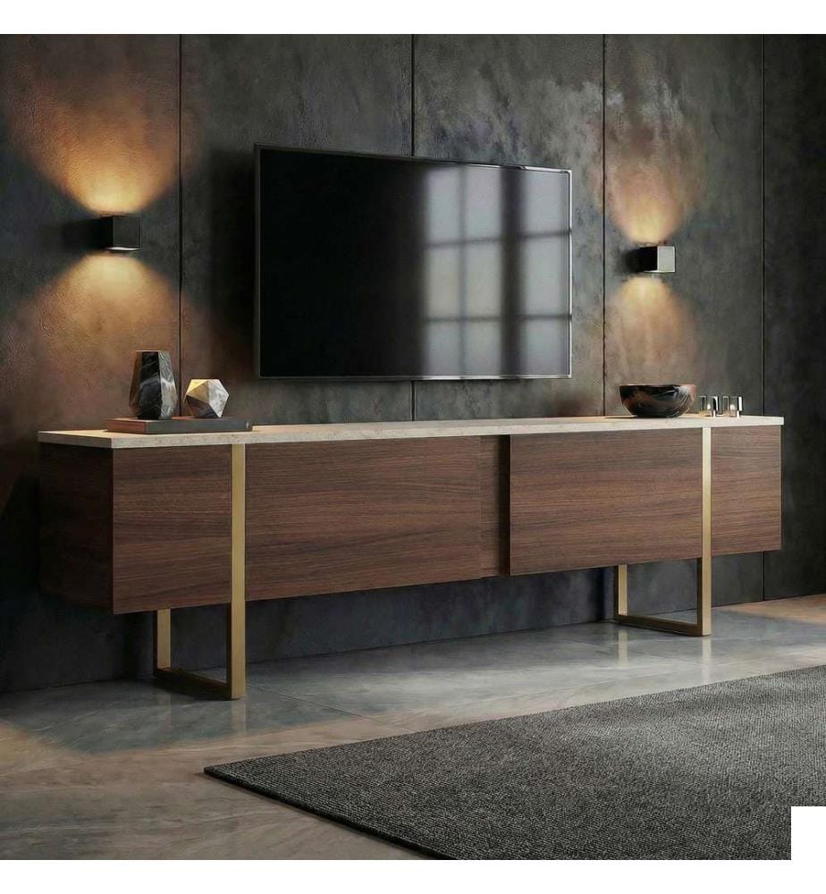 Meuble TV, travertin, noyer Milano, doré, panneau de particules 100 % mélaminé