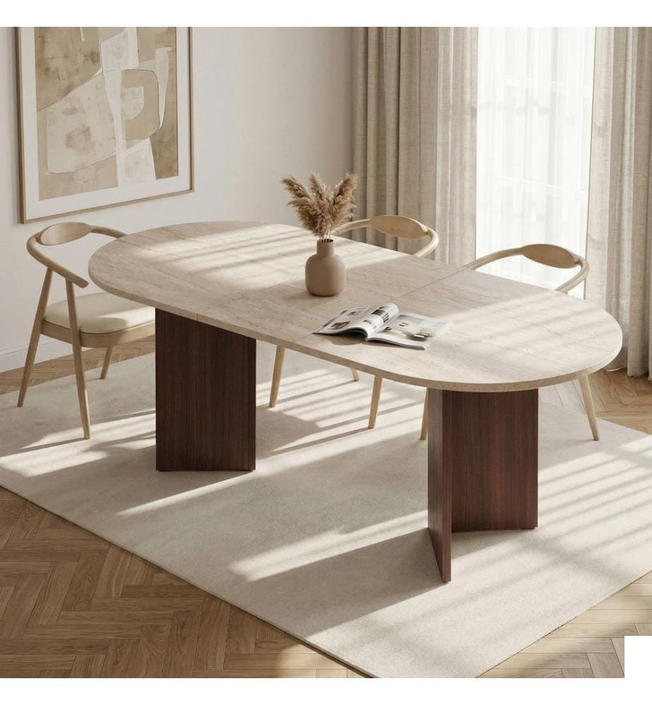 Table de salle à manger extensible, travertin, noyer Milano, panneau de particules 100 % mélaminé