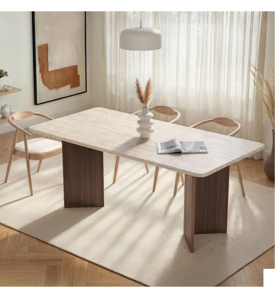 Table de salle à manger, travertin, noyer Milano, panneau de particules 100 % mélaminé