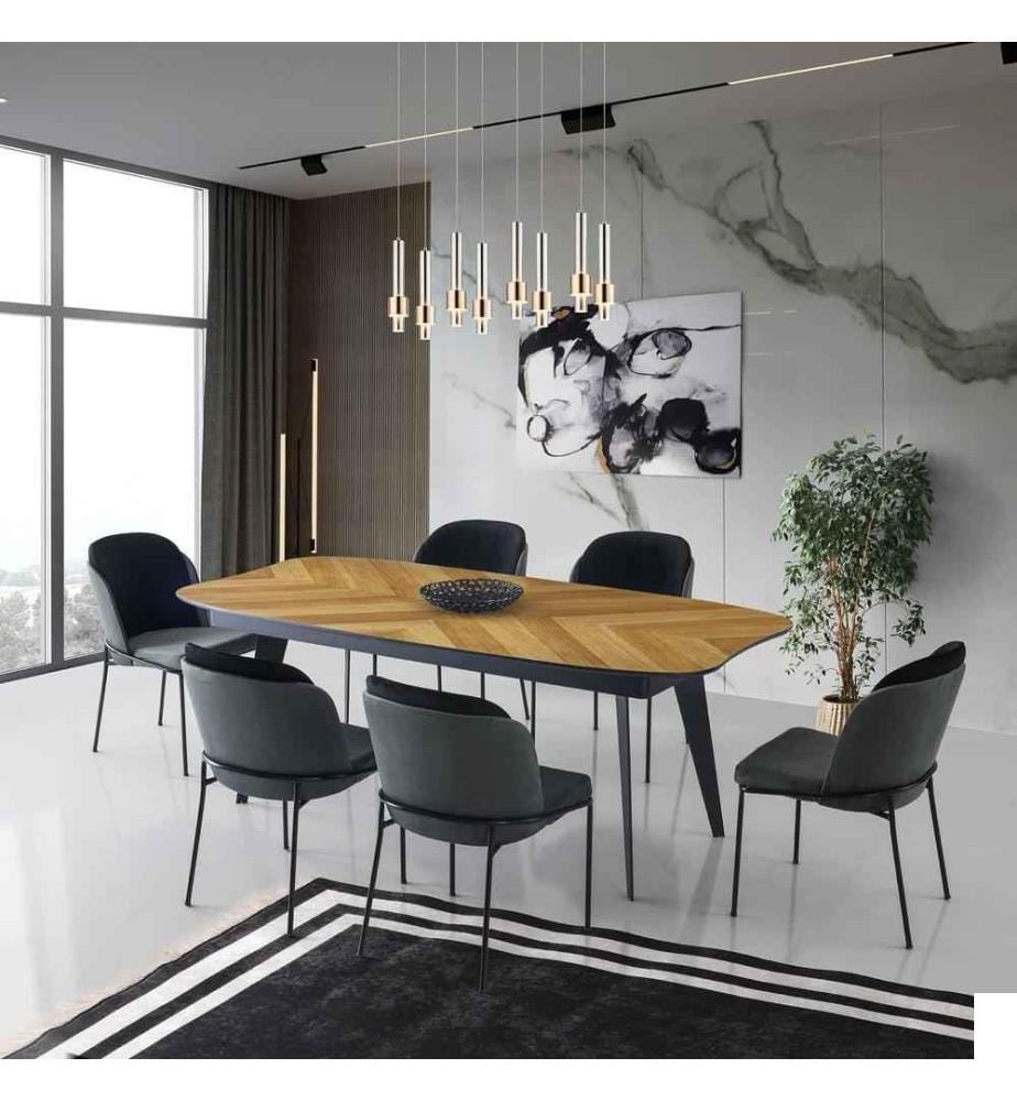 Table de salle à manger, chêne noir, MDF peint - plaqué, pieds en métal