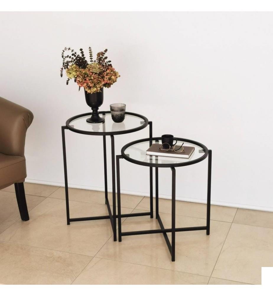 Table d'appoint, noir, verre trempé, cadre métallique
