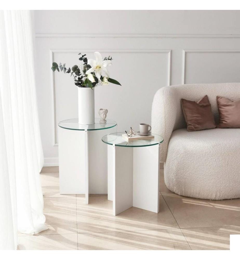 Table gigogne, 2 pièces, blanc, verre trempé, cadre en panneaux de particules mélaminés