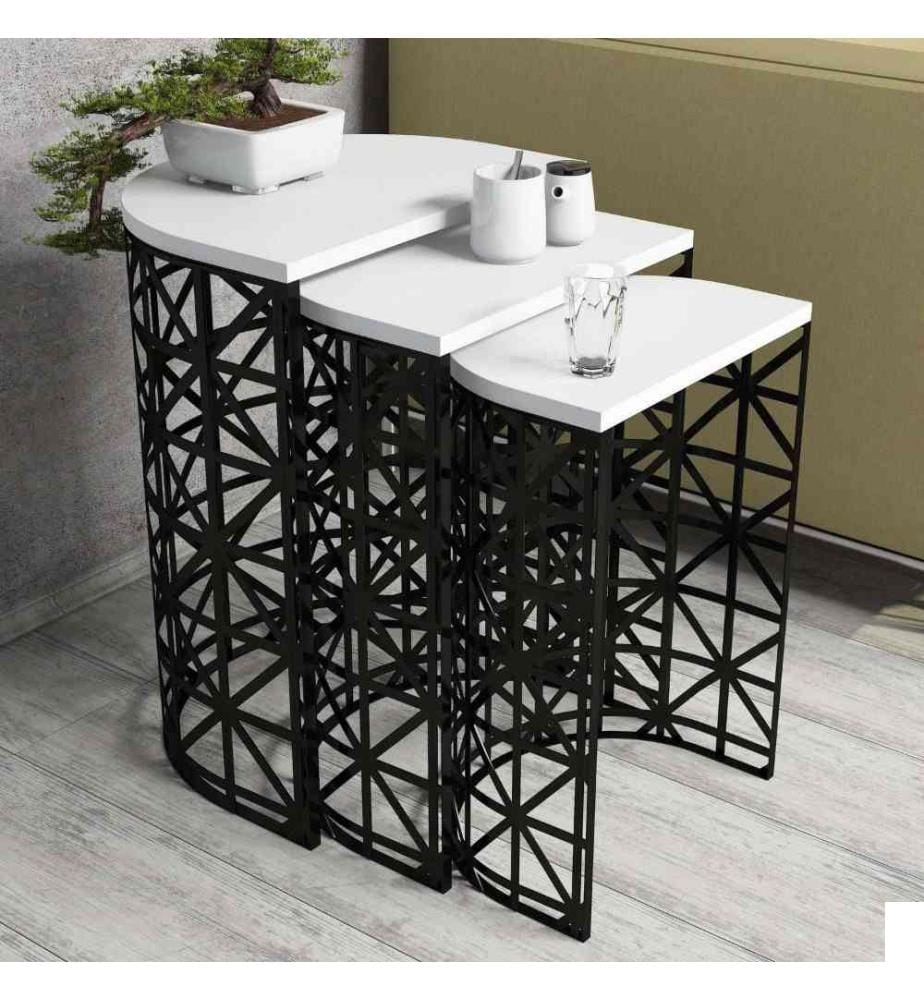 Table gigogne, 3 pièces, blanc, noir, panneau de particules mélaminé