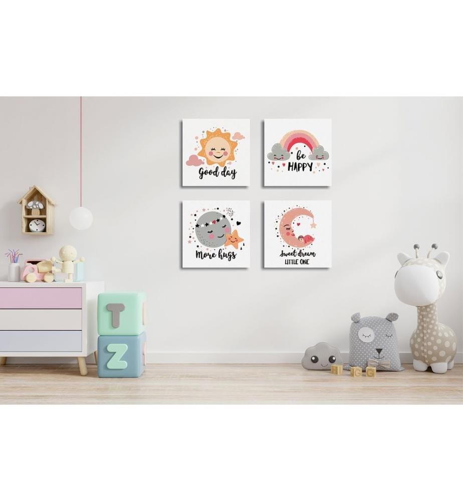 Peinture décorative sur toile, 4 pièces, multicolore, 60% coton - 40% polyester, cadre en bois