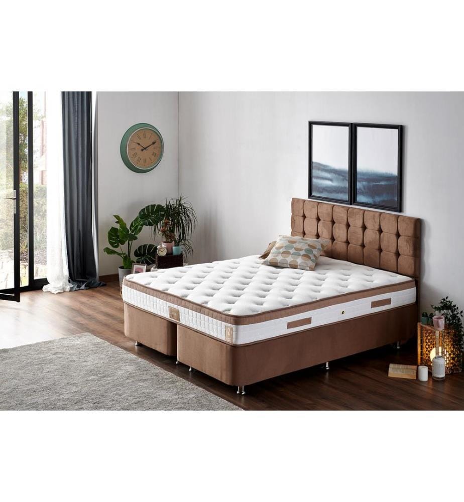 Matelas double, sommier et tête de lit, Light Brown, cadre en acier, tissu Soho