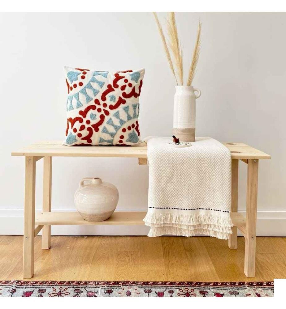 Housse de coussin, rouge, bleu clair, tissu : 20% lin - 80% pes, fil : 50% laine - 50% coton