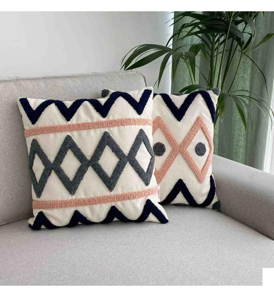 Set de housses de coussin, 2 pièces, bleu foncé, anthracite, rose poudré, tissu : 20% lin - 80% Pes