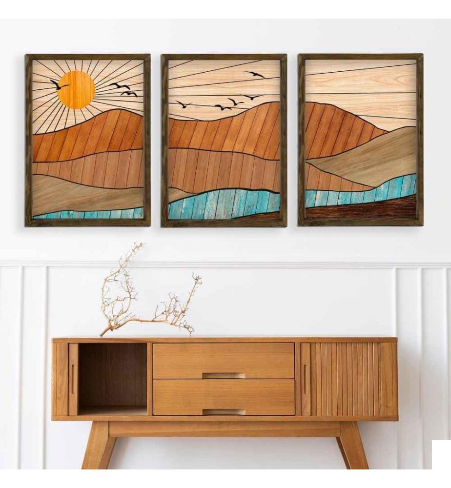 Tableau décoratif encadré, 3 pièces, multicolore, bois de pin