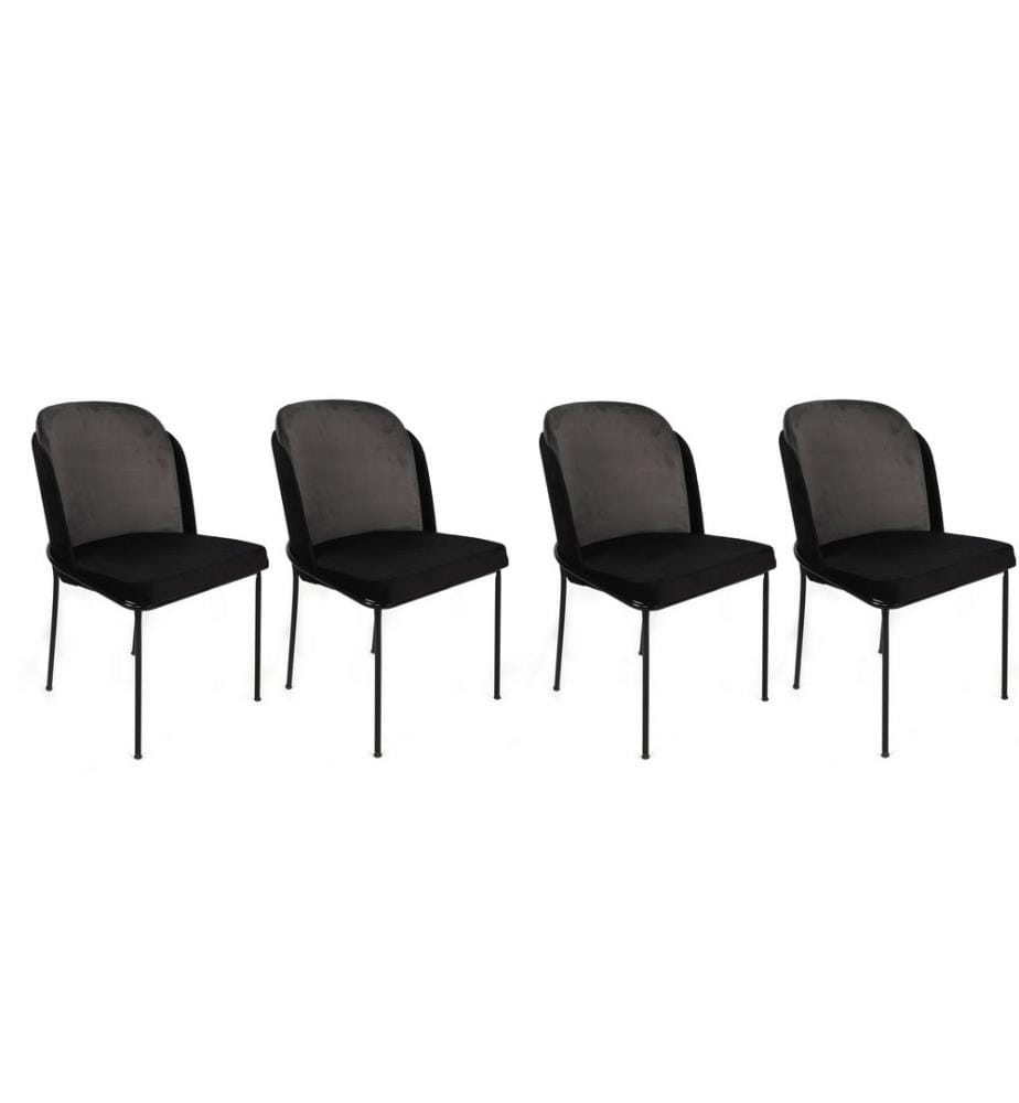 Ensemble de chaises, 4 pièces, gris, noir, piétement : Métal, siège : tissu velours / panneau de particules mélaminé, dossier : Contreplaqué / Tissu de velours