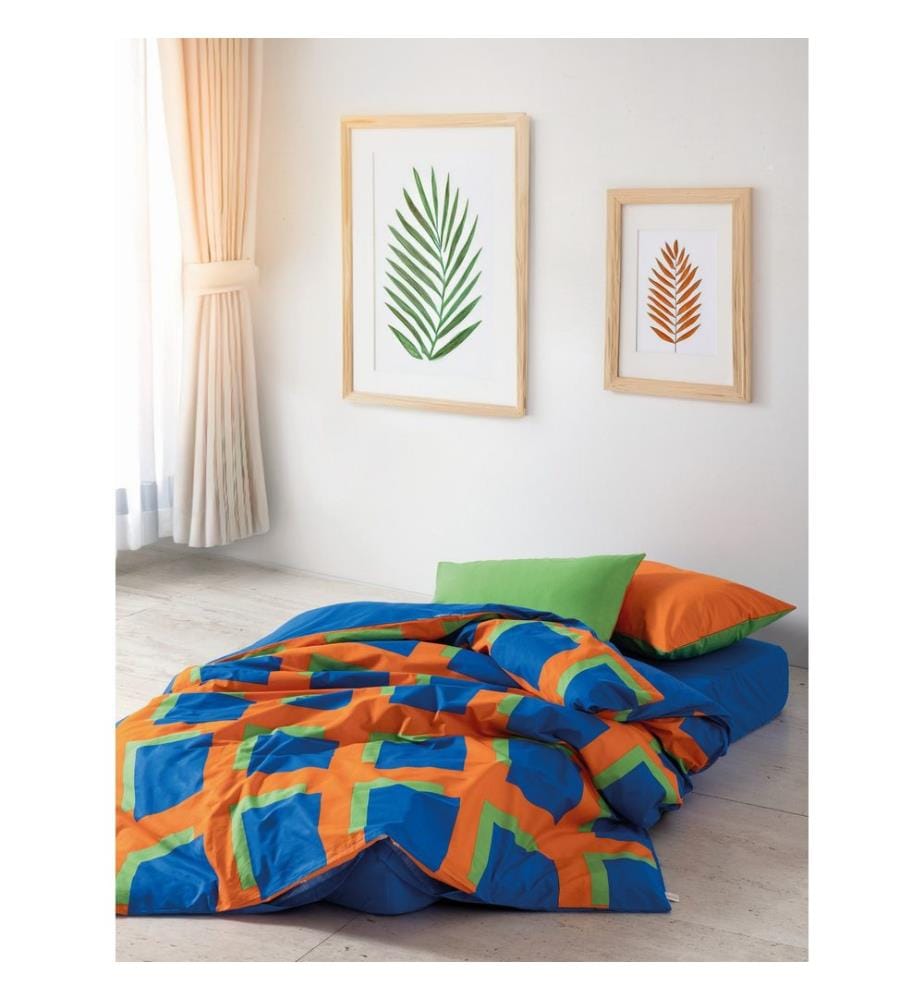 Ranforce Super King, ensemble linge de lit, bleu, vert, orange, 100 % coton