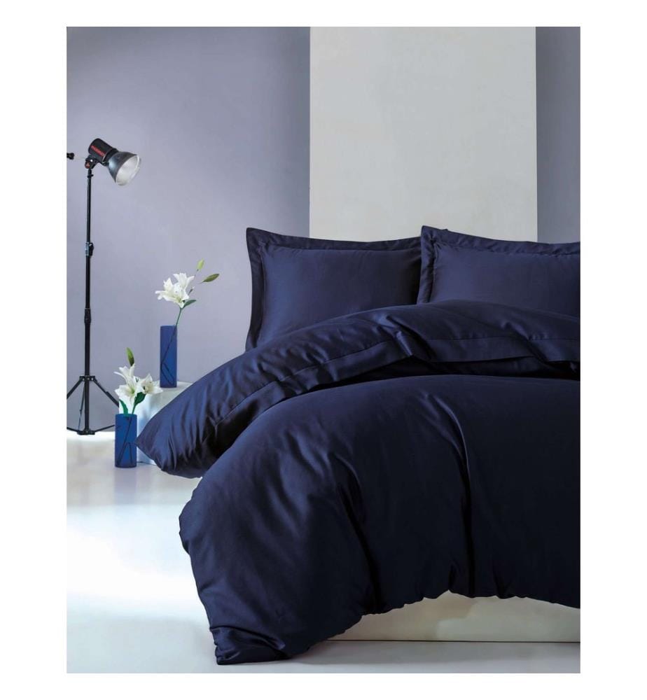 Parure de lit en satin pour lit simple, bleu foncé, 100 % satin de coton
