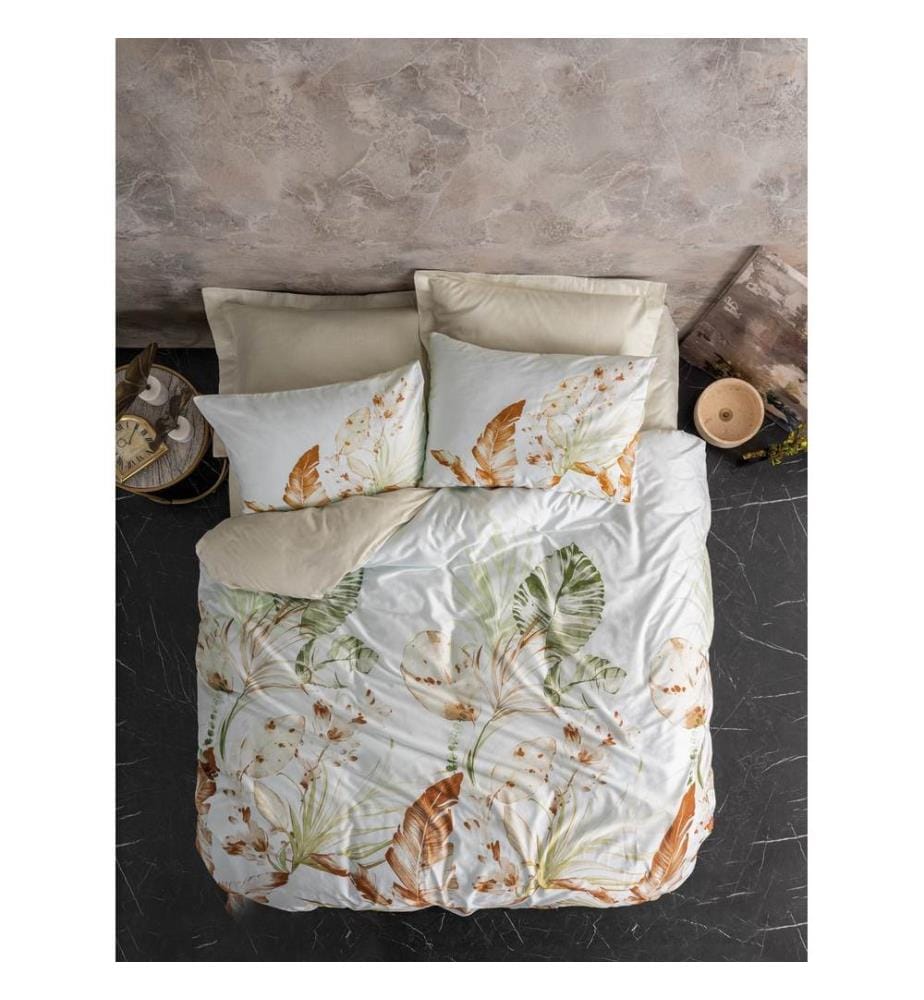 Parure de lit en satin (kingsize), beige, blanc, vert, 100 % satin de coton