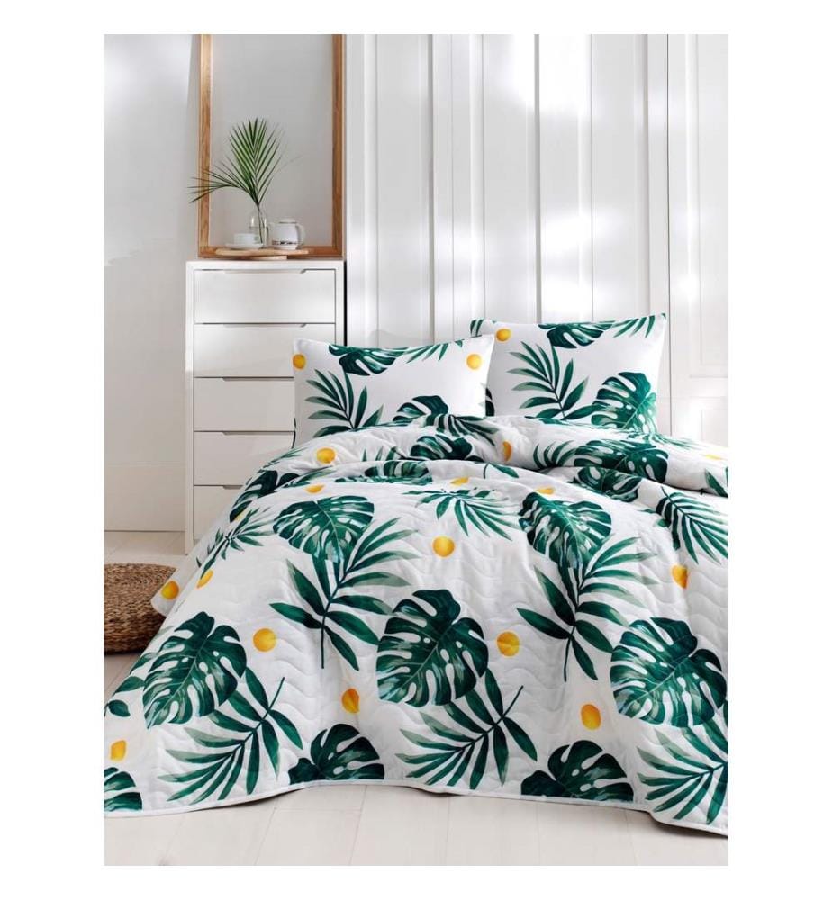 Ensemble de couvre-lit matelassé (kingsize), blanc, vert, jaune, 65 % coton / 35 % polyester, housse, /, fibre, remplissage