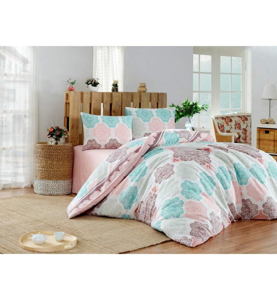Parure de lit simple, turquoise, saumon, crème, 65 % coton / 35 % polyester