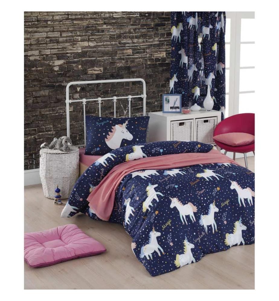 Parure de lit simple, bleu foncé, blanc, jaune, 65 % coton / 35 % polyester