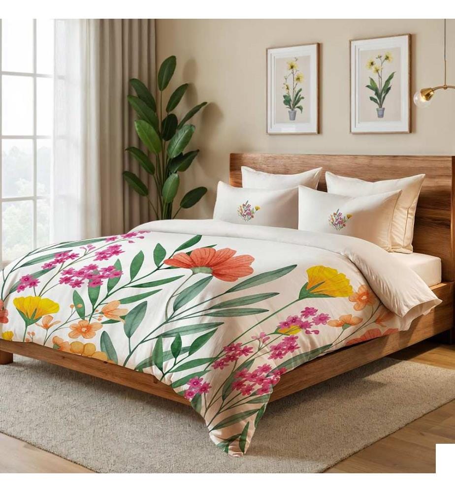 Parure de lit simple, crème, orange, vert, jaune, 70 % coton / 30 % polyester