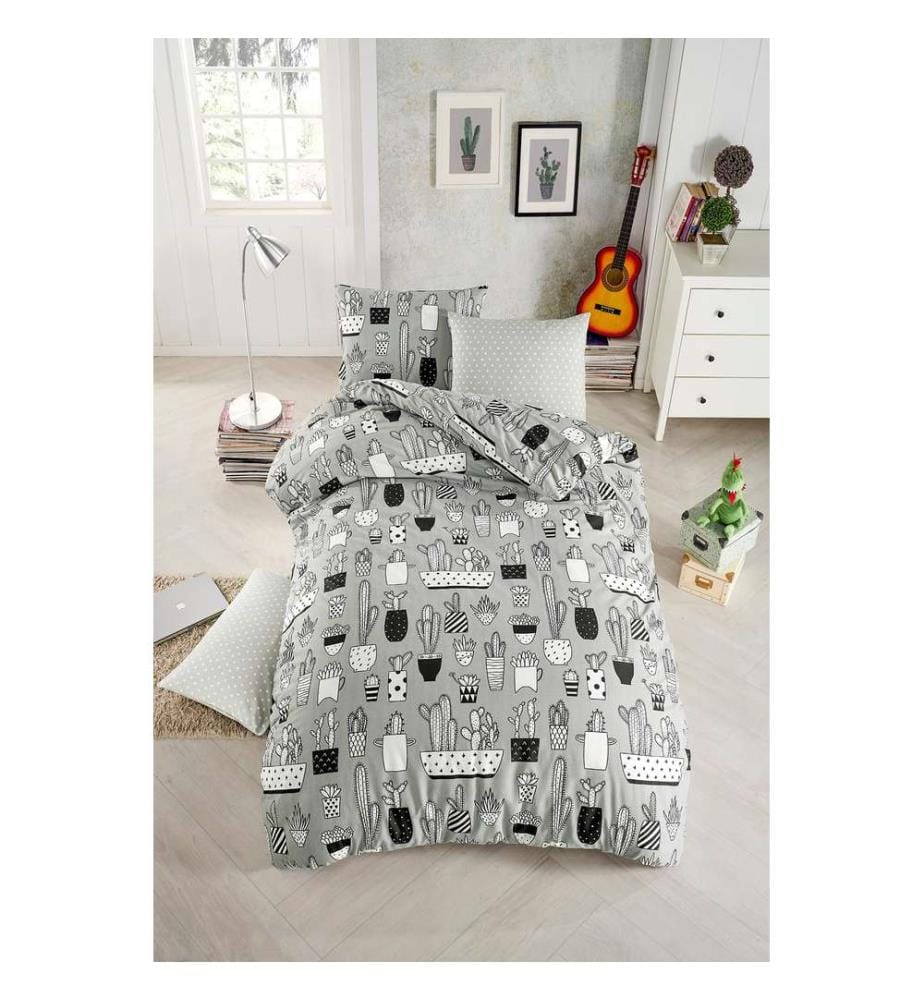 Parure de lit simple, gris, noir, blanc, 65 % coton / 35 % polyester