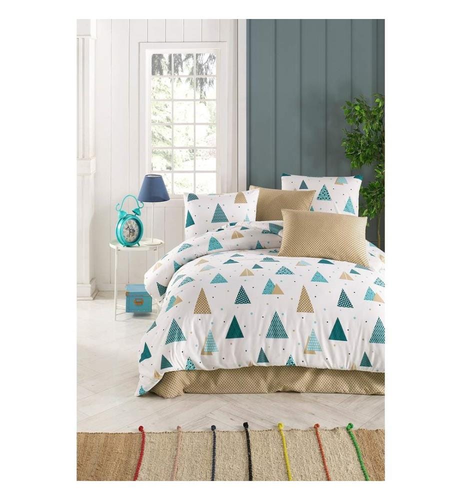 Parure de lit simple, blanc, bleu, beige, 65 % coton / 35 % polyester