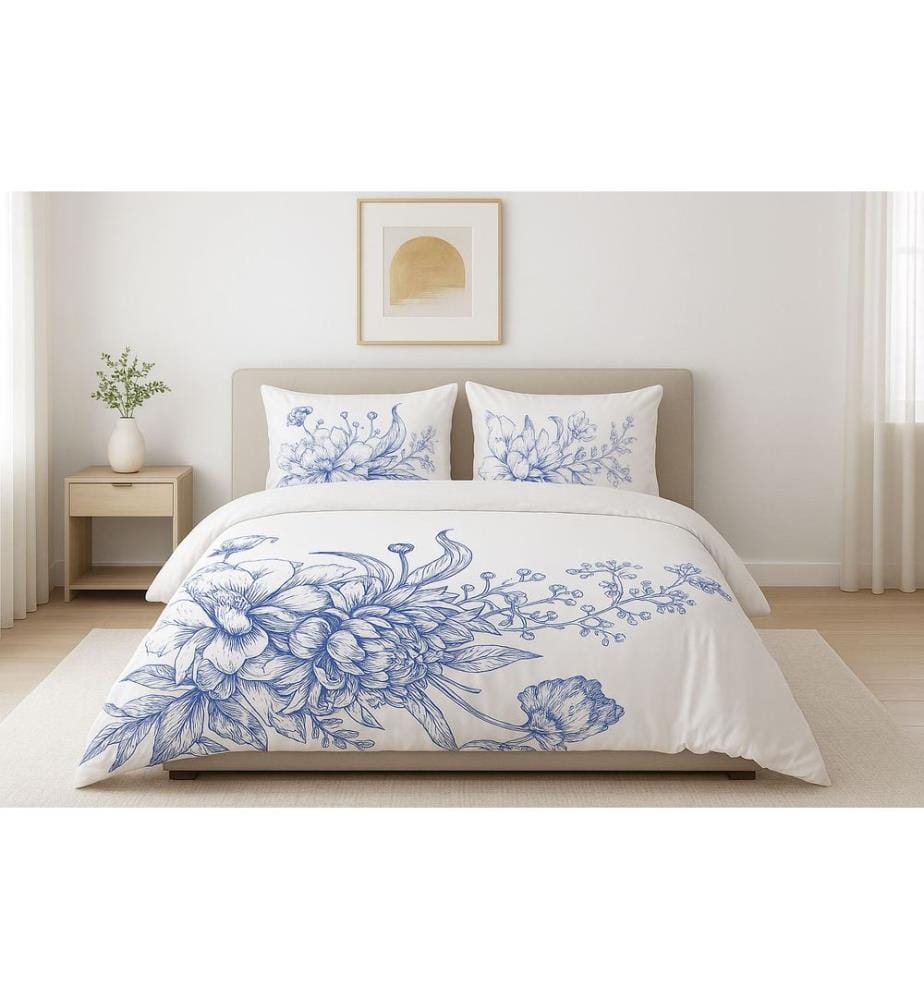 Parure de lit simple, blanc, bleu, 70 % coton / 30 % polyester