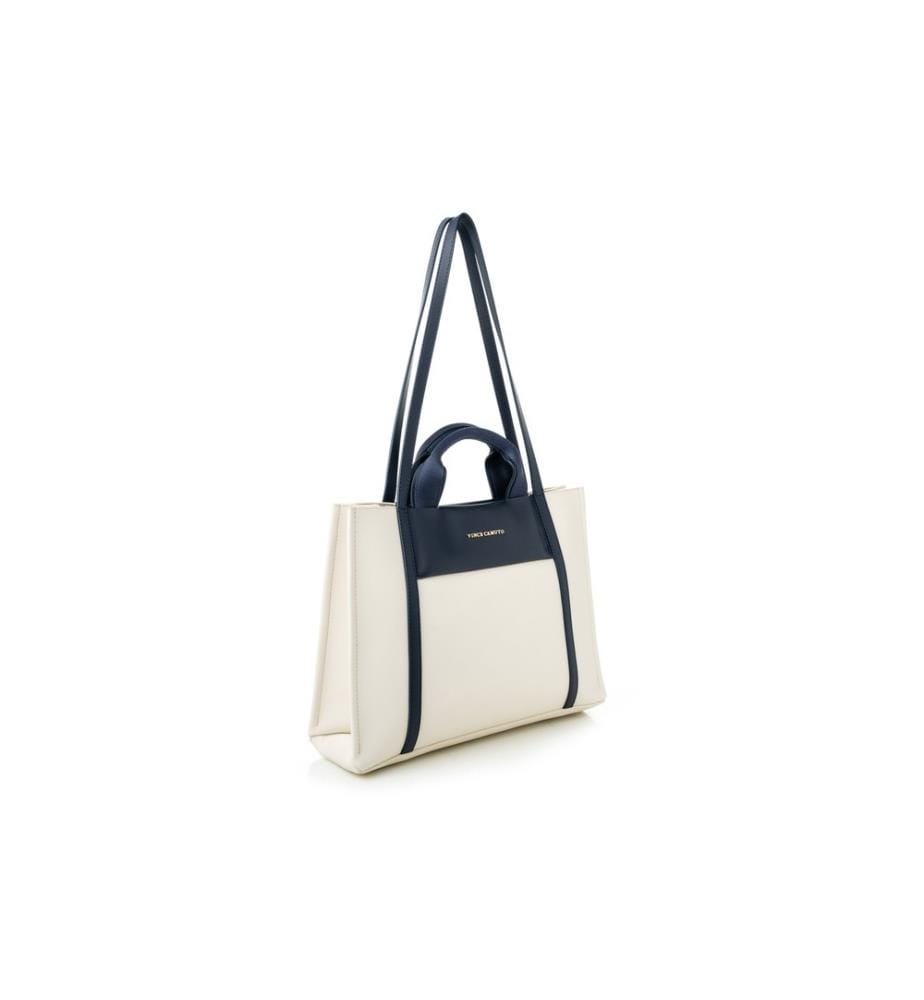 Sac fourre-tout, crème, bleu foncé, 100% cuir polyvinylique