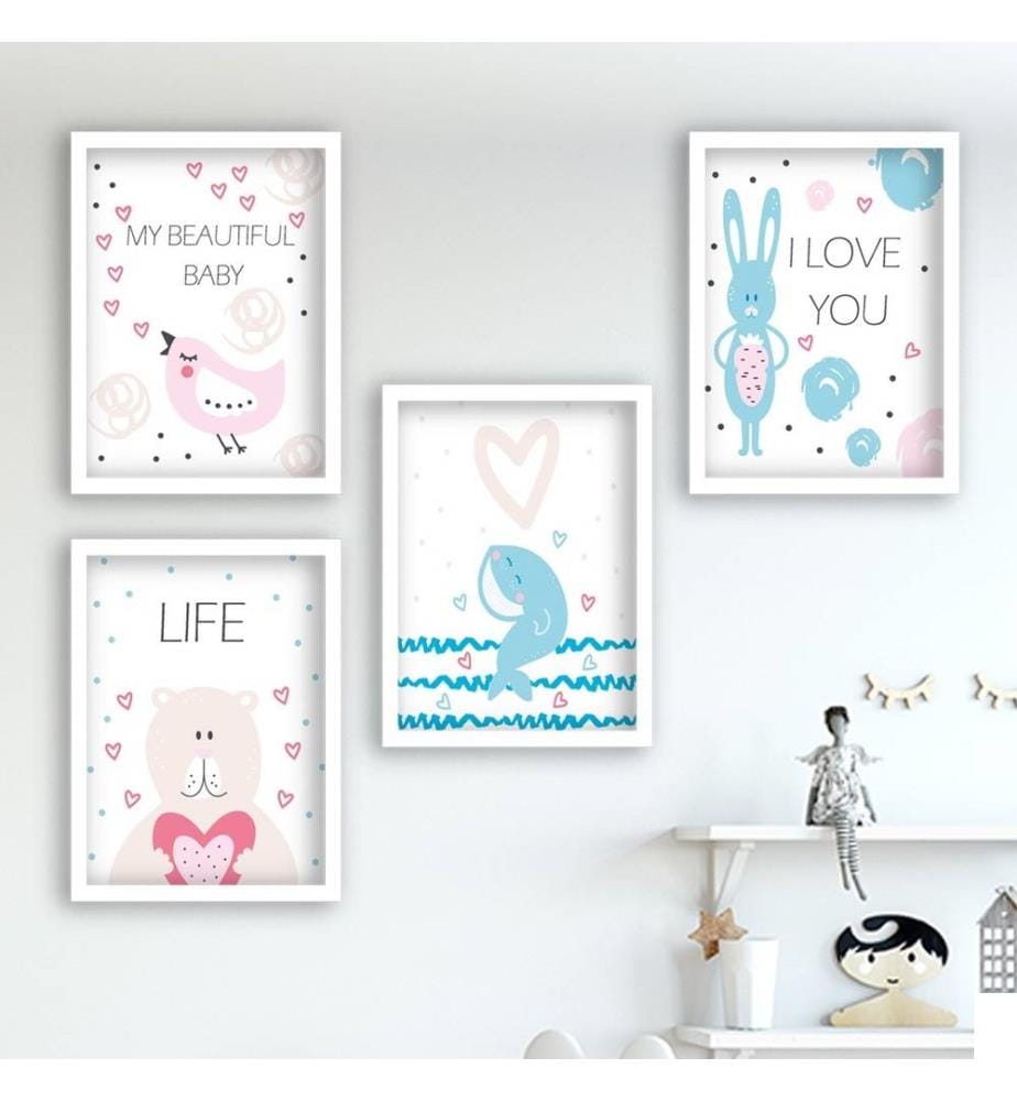 Tableau décoratif encadré, 4 pièces, multicolore, MDF, cadre en plastique