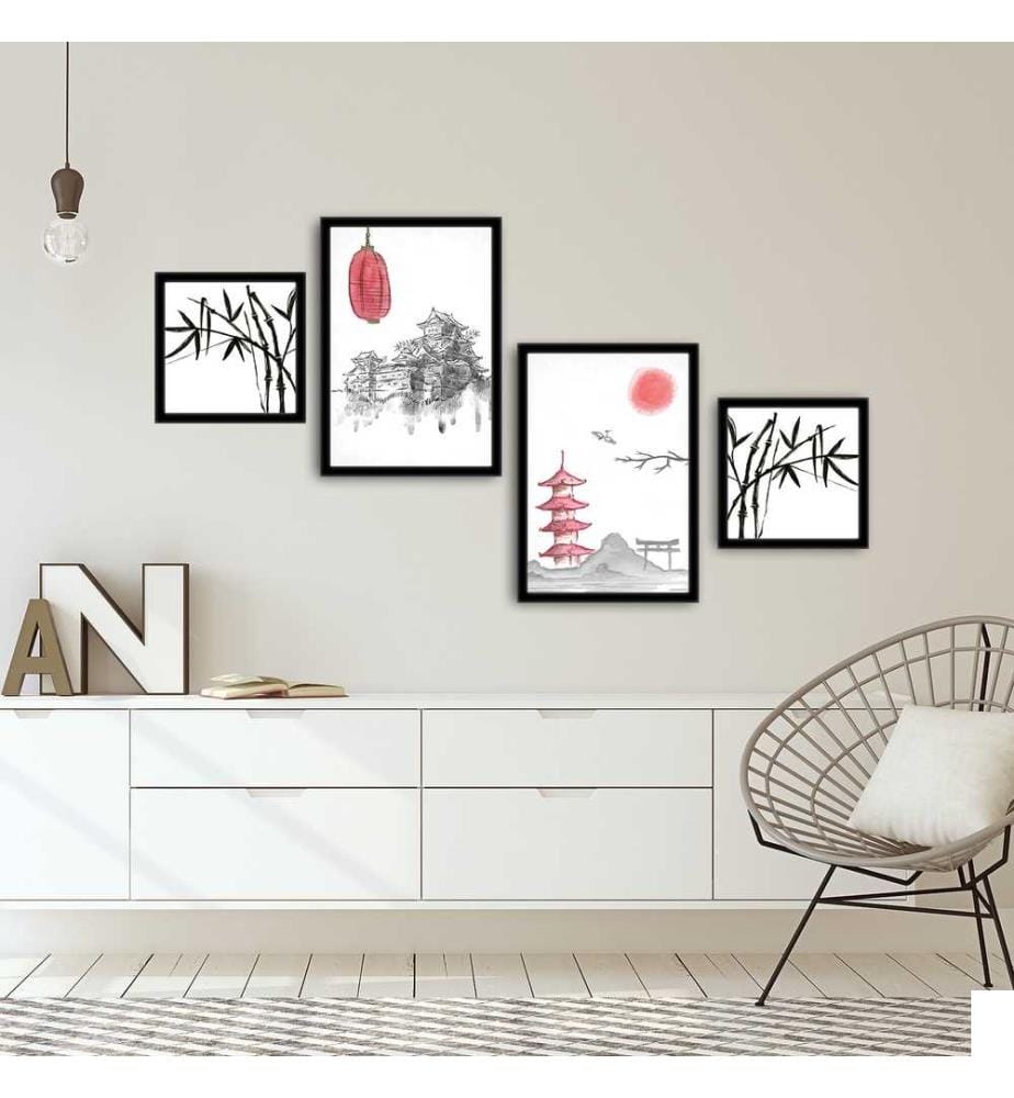 Peinture décorative encadrée MDF, 4 pièces, Multicolore, Peinture MDF, Cadre PVC