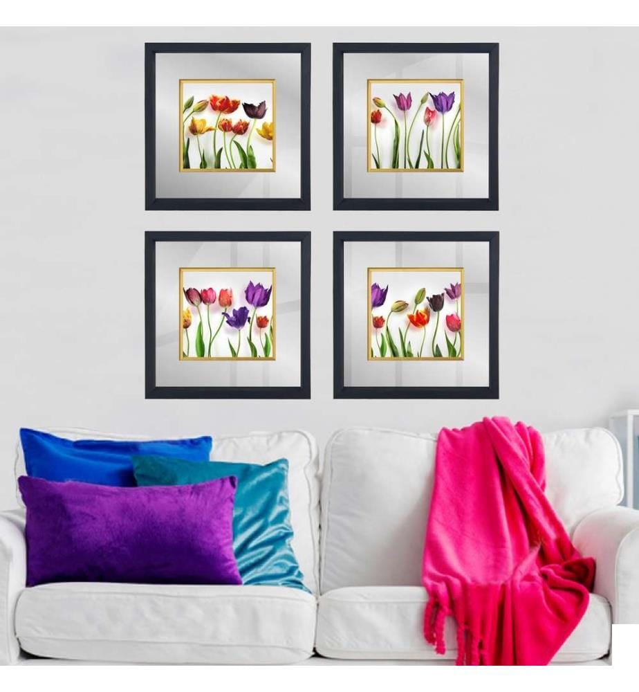 Tableau décoratif encadré, 4 pièces, multicolore, verre, cadre en bois