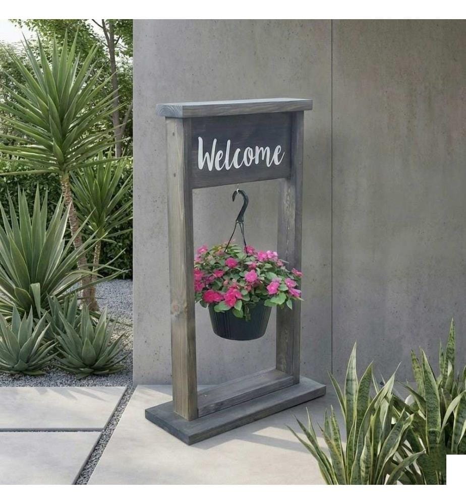 Pot de jardin décoratif, 100 % bois massif, gris vieilli