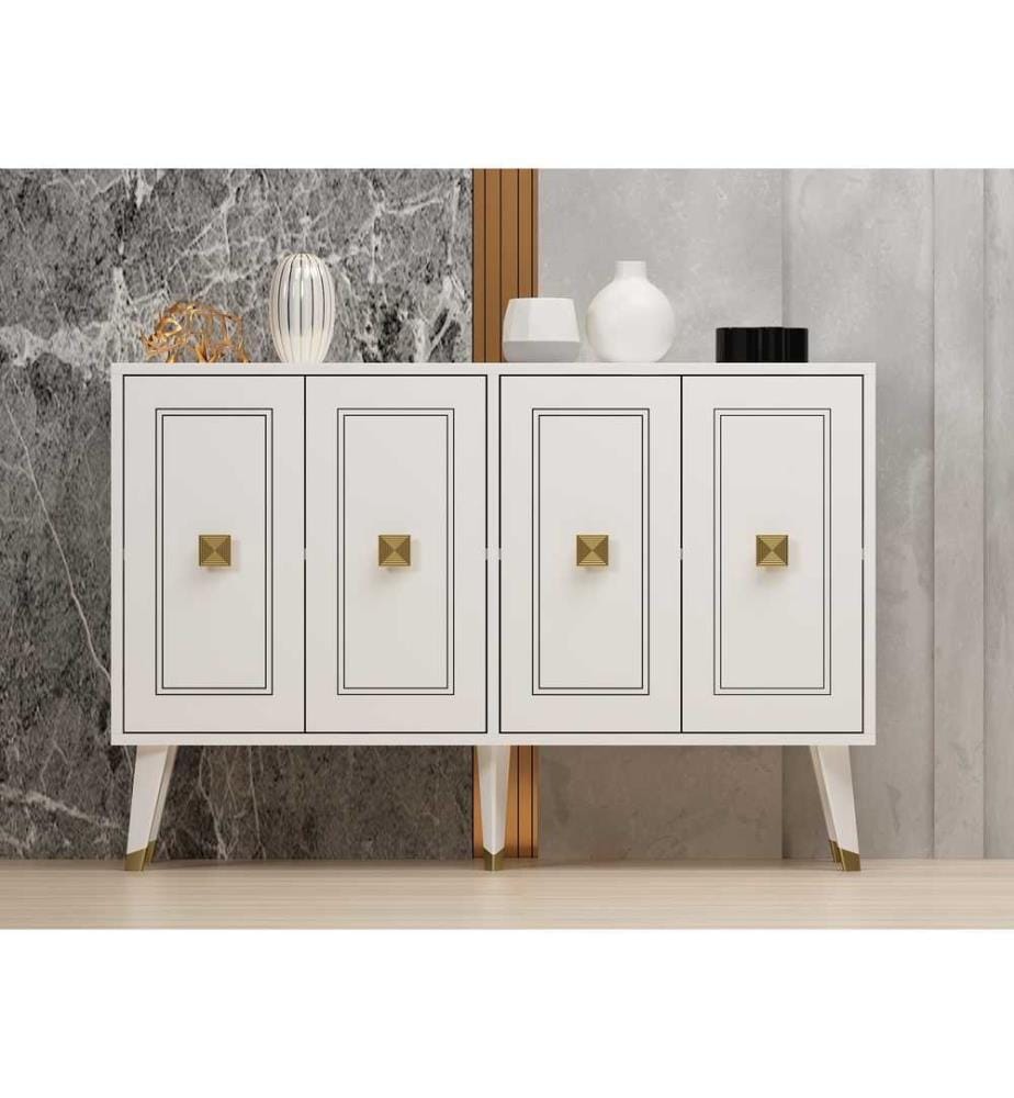 Console, White, Gold, Melamine Coated Particle Board