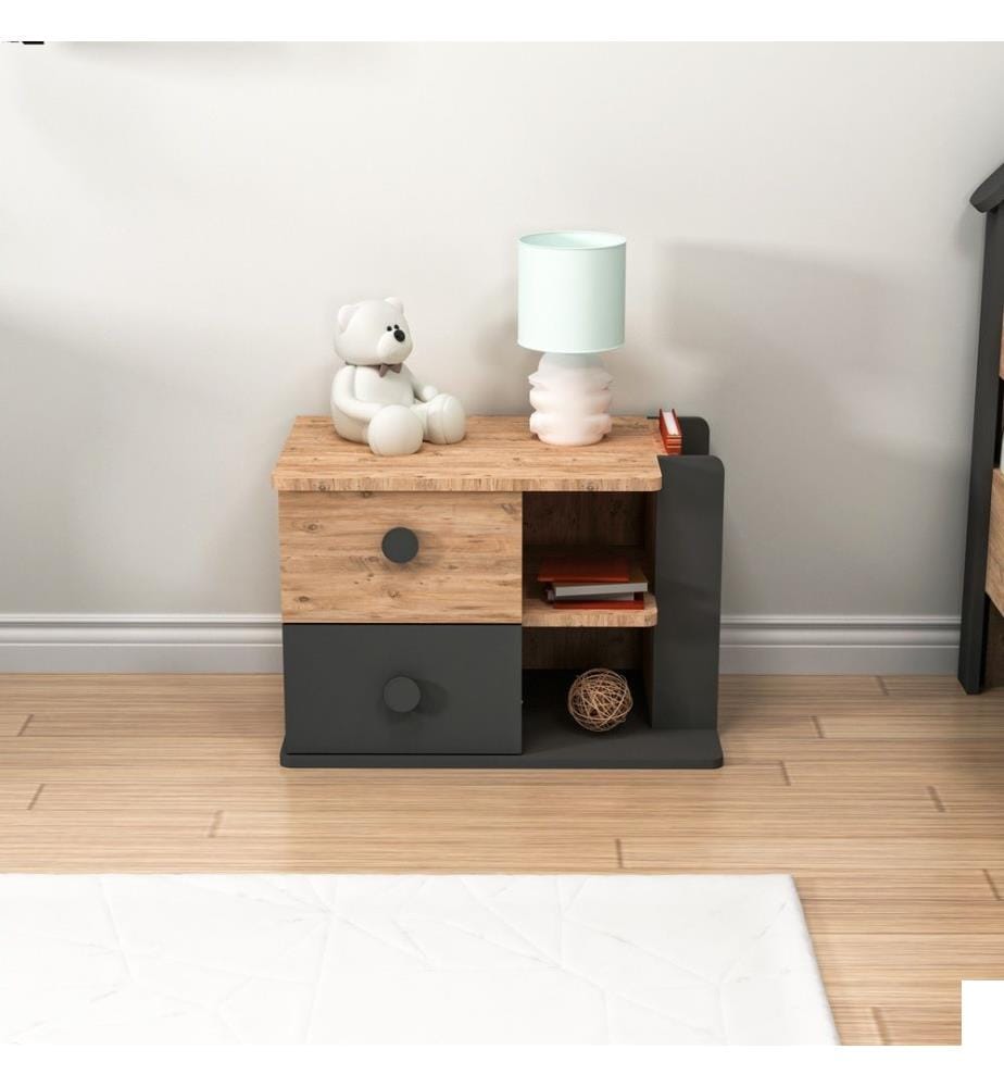 Nightstand, Atlantic Pine, Anthracite, Melamine Coated Particle Board