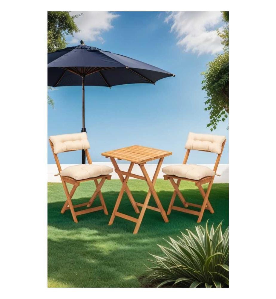 Garden Table & Chairs Set , 3 Pieces, Natural, Cream, Beech Wood