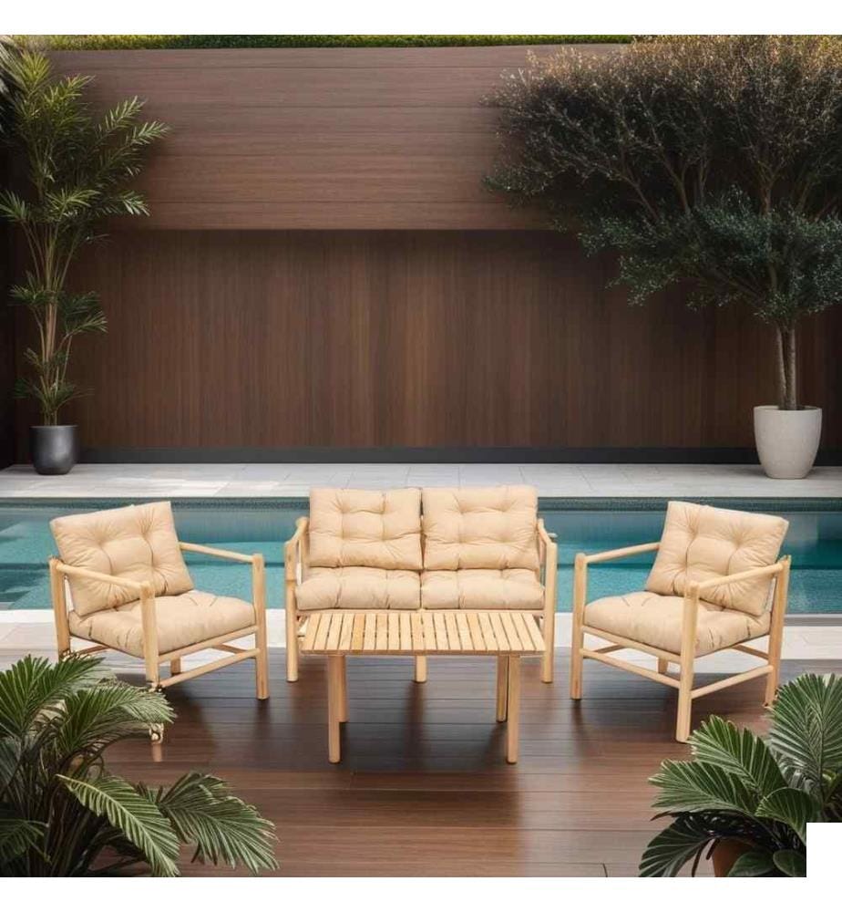 Garden Table & Chairs Set , 4 Pieces, Natural, Cream, Kestane Agaci