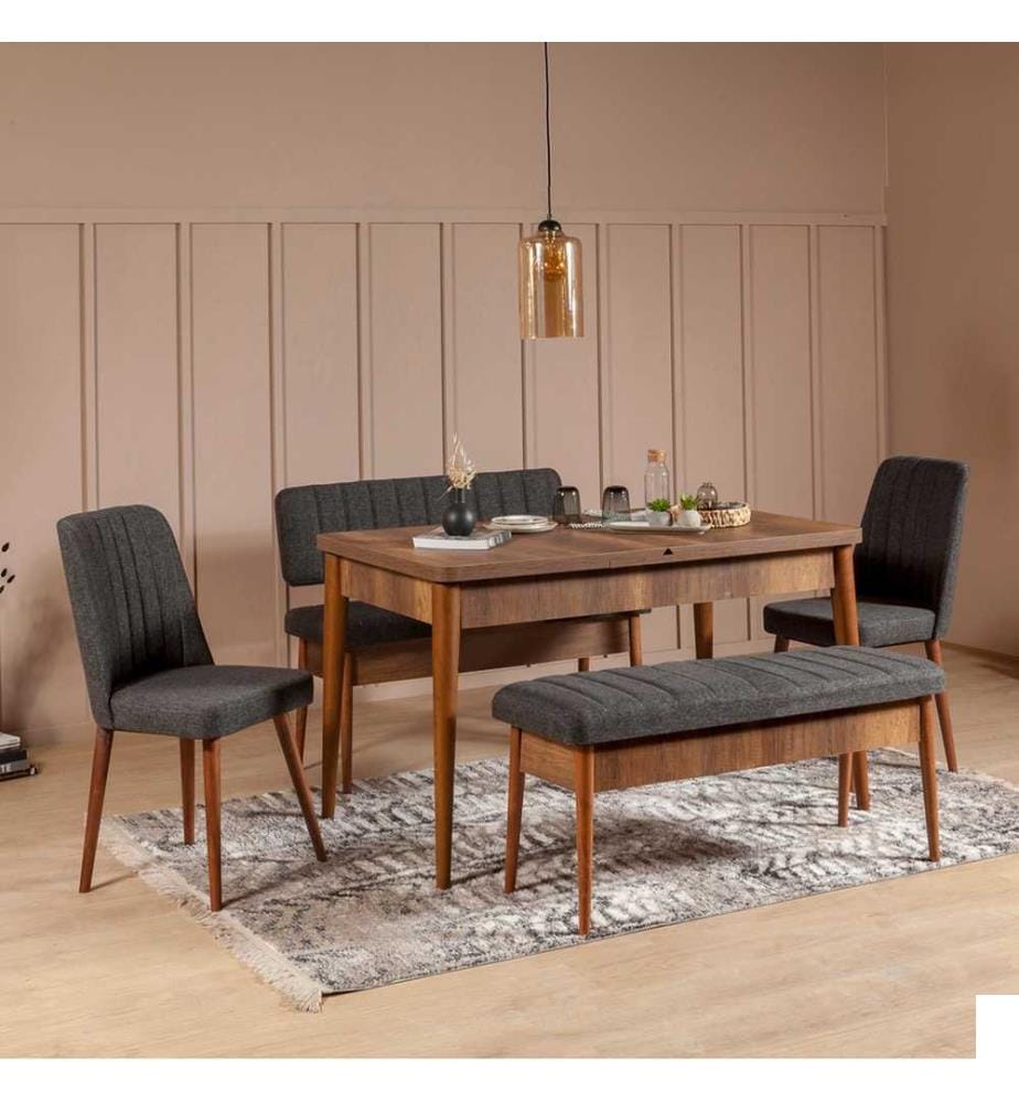 Table & Chairs Set, 5 Pieces, Walnut Anthracite, Melamine Coated Particle Board, Polyester Fabric Material