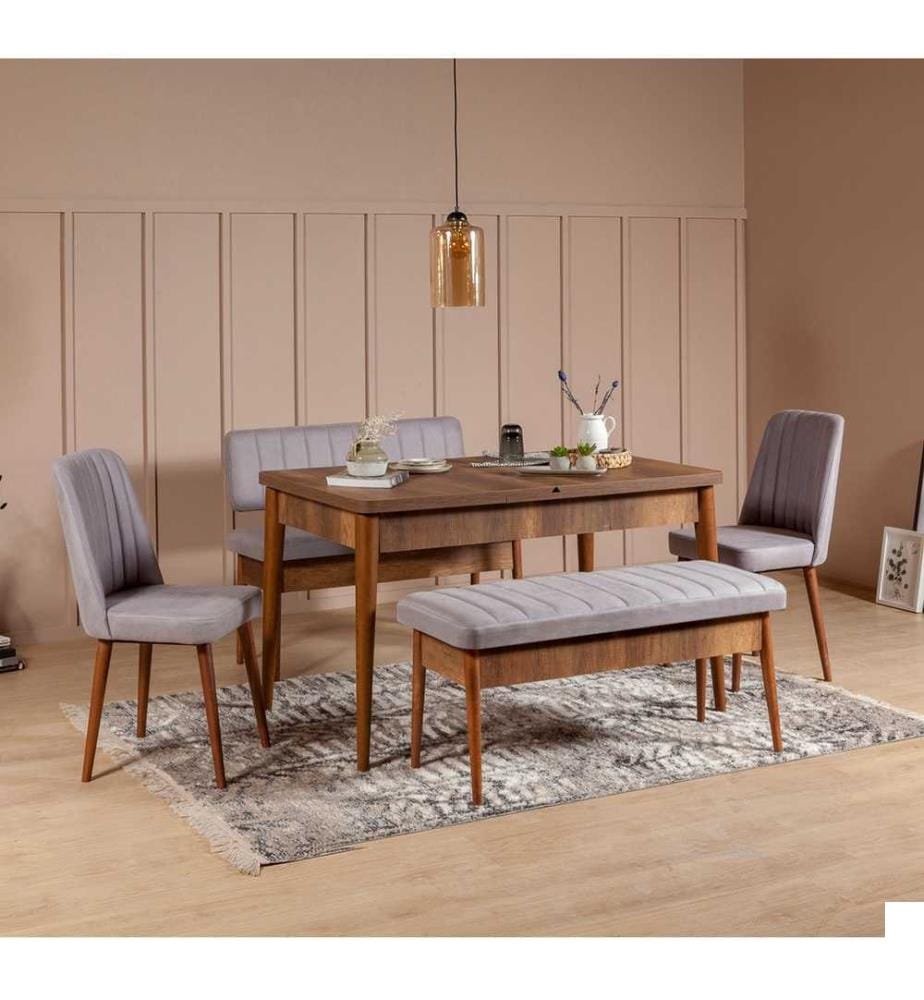 Table & Chairs Set, 5 Pieces, Walnut Soho, Melamine Coated Particle Board, Polyester Fabric Material