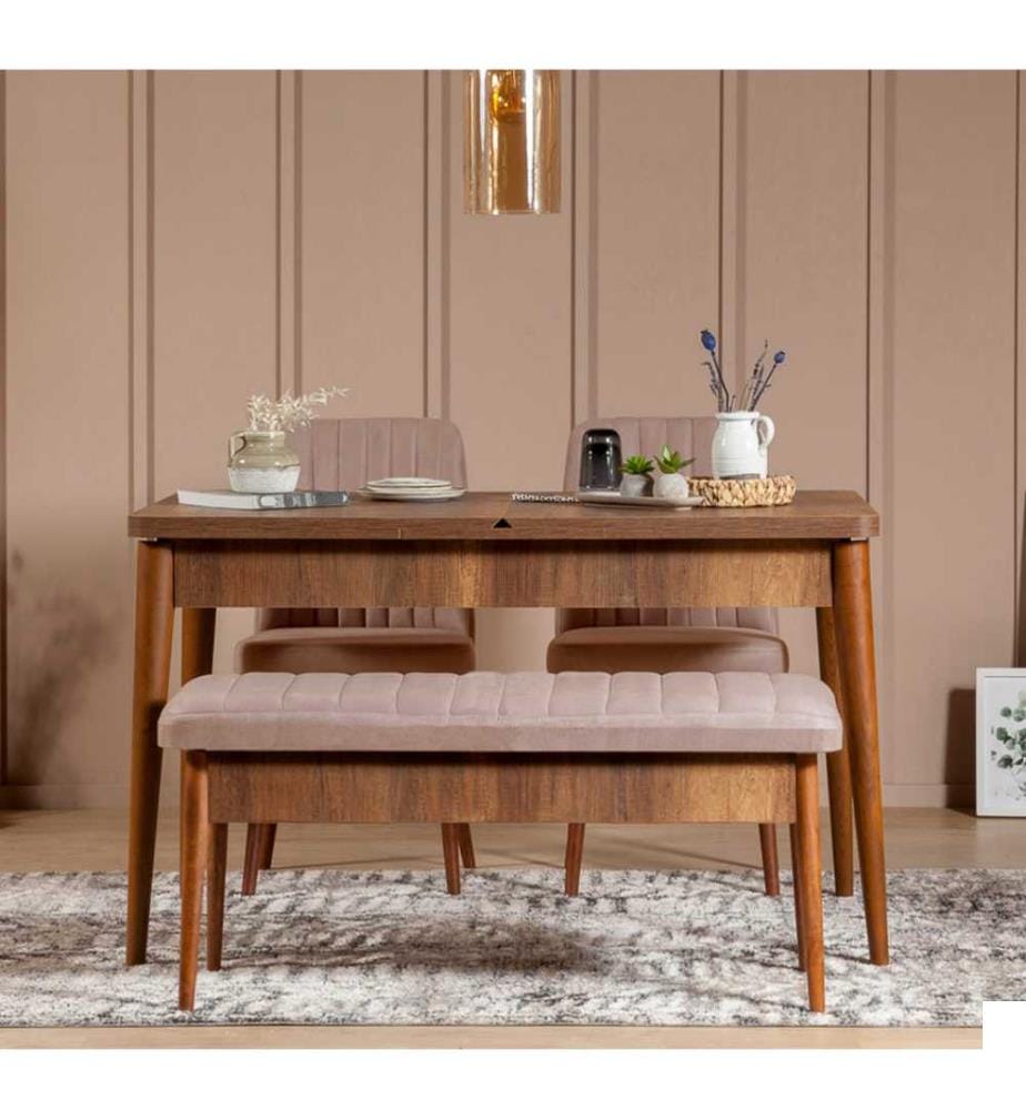 Table & Chairs Set, 4 Pieces, Walnut Stone, Melamine Coated Particle Board, Polyester Fabric Material