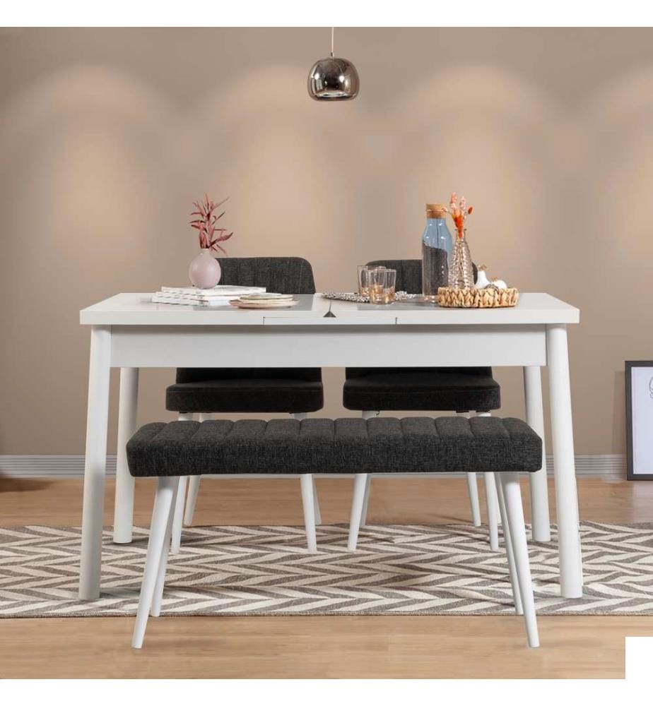 Table & Chairs Set, 4 Pieces, White Anthracite, Melamine Coated Particle Board