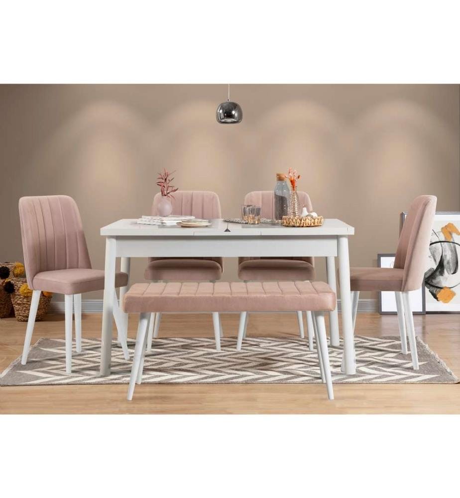 Table & Chairs Set, 6 Pieces, White Stone, Melamine Coated Particle Board