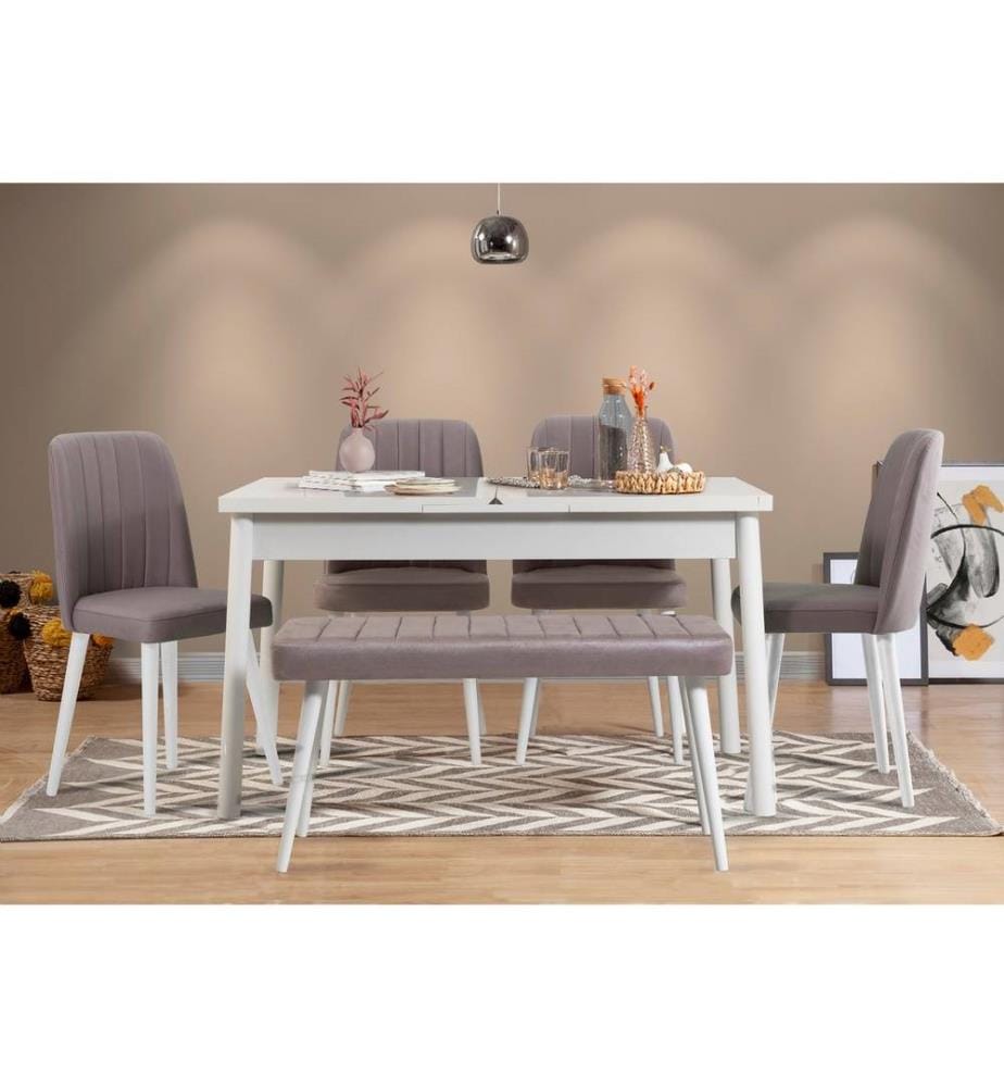 Table & Chairs Set, 6 Pieces, White Grey, Melamine Coated Particle Board
